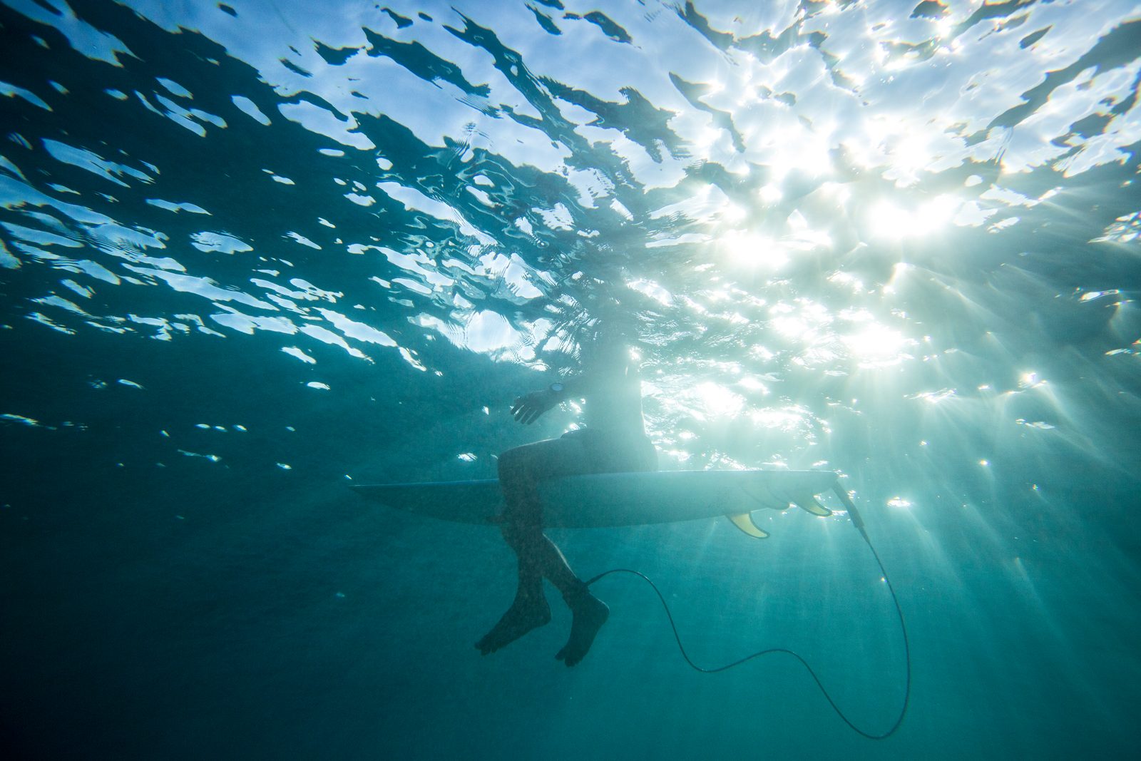 Swimmer below the sunlit surface of the ocean